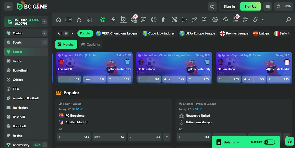 BCGame Soccer Betting Screenshot